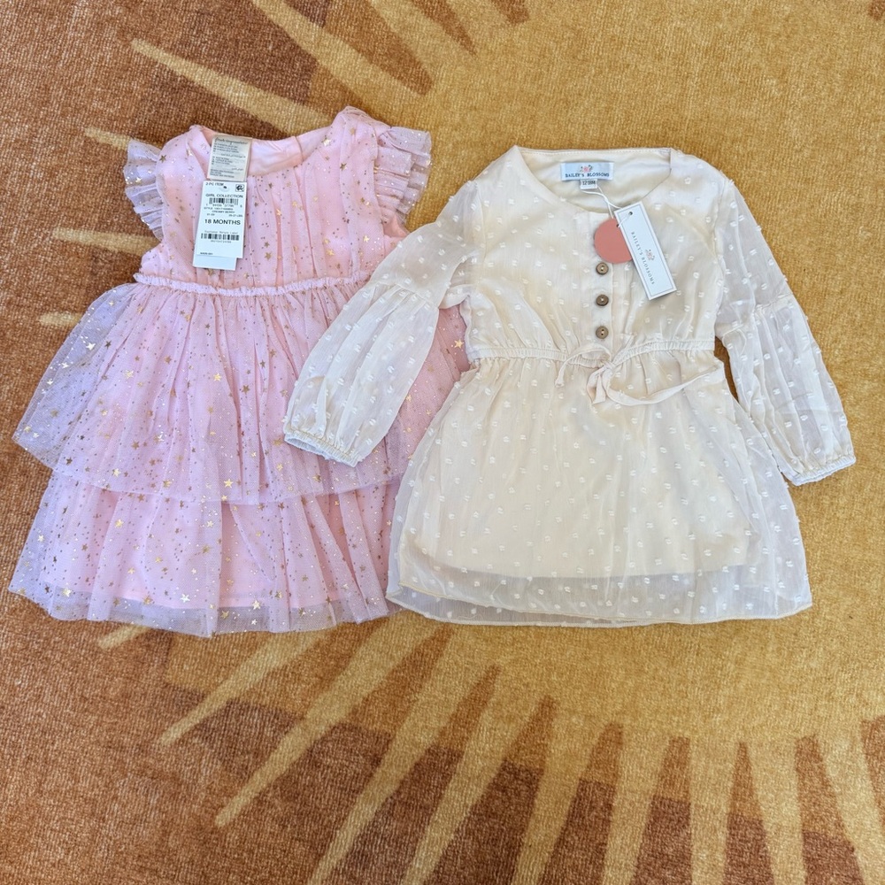 BUNDLE Pink Tulle Dress with Gold Stars & Cream Dot Overlay Dress